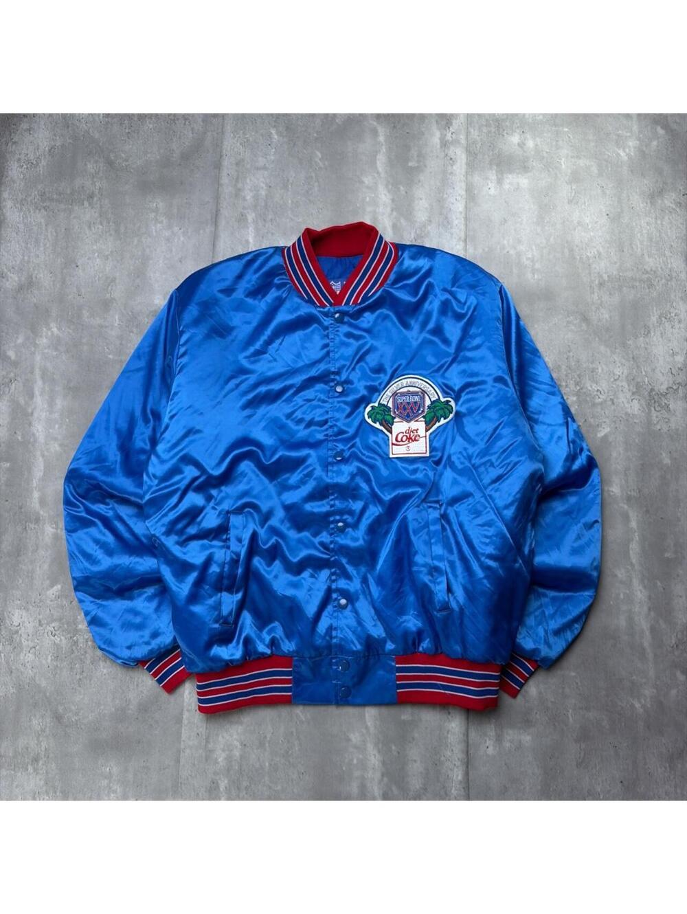Vintage 90’s Blue Super Bowl XXV Diet Coke NFL Satin Bomber Jacket